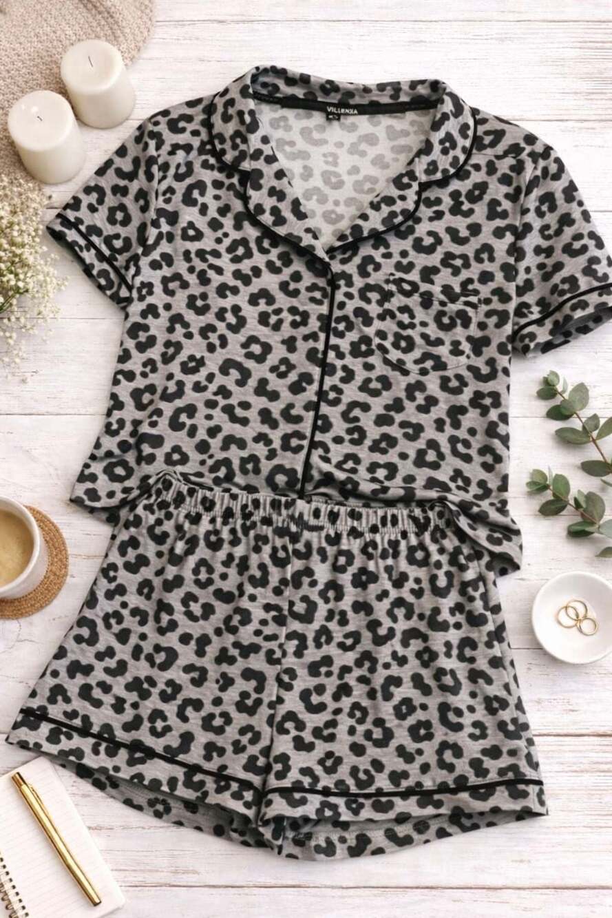 Roudelain Women's Grey Leopard Print 2-Piece Pajama Set, Size Medium